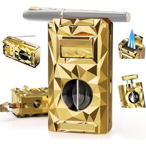 Triple Torch Lighter 5-in-1 with V Cutter, Punch, Holder, Draw Enhancer Tool, Windproof Jet Flames, Gifts for Men, Multi-Functional Accessories, Butane Refillable All-in-1 Lighter for Travel, Outdoors