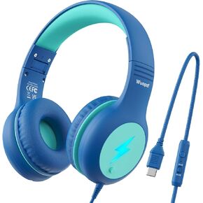 Kids USB C Headphones for School, 2025 Upgrade Safe Listening Wired Over-Ear Headphones with LED Lights, Volume Limiter & Microphone, Foldable Design for iPhone 16, iPad, Tablet Learning
