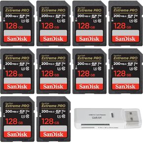 SanDisk 128GB (10 Pack) Extreme Pro SDXC UHS-I Class 10 Flash Memory C10, U3, 4k UHD, V30 SD Camera Card SDSDXXD-128G-GN4IN Bundle with (1) GoRAM Reader