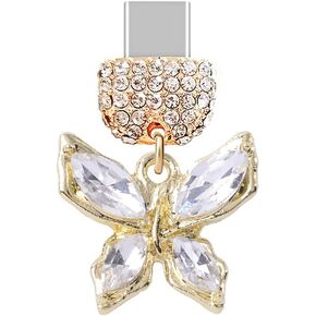 ELISE & FONDA TP523 Type-C Charging Port Crystal Anti Dust Plug Little Butterfly Cell Phone Charm for iPhone 15/16/Samsung/OnePlus/Xiaomi/oppo Android Phones (White)