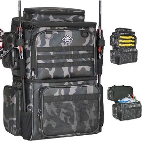 Fishing Tackle Backpack with Cooler Bag, 53L Waterproof Fishing Bag with 2 Rod Holders, Large Fishing Backpacks with Bottle Holder & Coolers, Tackle Storage, Heavy Duty Outdoor Cooler Backpack for Men