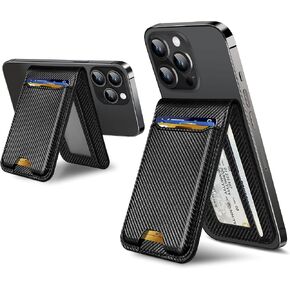 for Magsafe Wallet Stand, Strongest Magnetic Wallet for iPhone 16/15/14/13/12 Series, Adjustable Stand, ID Window, 6 Cards Holder, Vegan Leather, RFID Blocking, Black Carbon Fiber