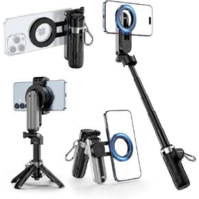 CloudValley Magnetic Mini Selfie Stick Tripod, 3-in-1 Pocket Size Phone Tripod with 360° Rotation, Detachable Bluetooth Remote, Foldable Handle Grip, Compatible with MagSafe iPhone for Vlog/Photo