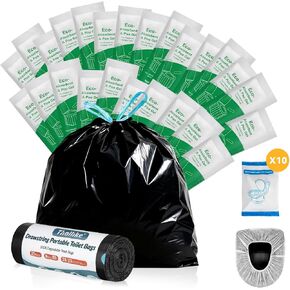 Portable Toilet bags Poo Gel Set, 8 Gallon Drawstring Camping Toilet Bags with Portable Toilet Absorbent Gel and Disposable Toilet Seat,Compostable Thicken Potty Bags for Camping Outdoor Hiking