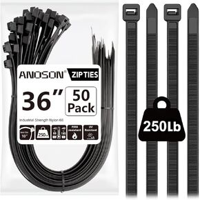 Large Zip Ties 36 inch (50 Pack), Long Zip Ties Heavy Duty with 250 lb Tensile Strength, Big Cable Ties, Black, by ANOSON