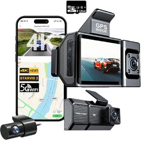 3 Channel Pro Dash Cam，4K+1080P+1440P Front Inside and Rear Car Camera, Triple Dash Camera Built-in WiFi GPS, HDR Night Vision, G Sensor, 170° Wide Angle, 24H Parking Mode, Free 128G Card