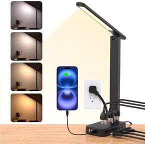 One Beat Desk Lamp with 6 Outlets 4 USB Ports(2×USB-C),Eye Protection Table Lamp Power Strip with 4 Color Modes 5 Brightness Touch LED Desk Lamps for Home Office College Dorm Room Essentials(White)