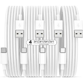 كابل USB إلى USB C مع carplay ، [4 حزم ، 3 قدم و 6 قدمًا] USBA لكتابة كوب الشحن السريع لـ iPhone 16/16 Plus/16 Pro/16 Pro Max/15/SE ، Pixel A15/A25/A35/A54/A55 ، Galaxy S24/S22/S22/S21/S20.