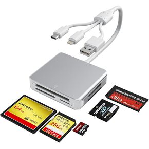 Memory Stick Pro Duo Adapter - 5 in 1 Aluminum Multi Memory Card Reader with Triple Lightning/USB-C/USB 3.0 Connectors for SD/Micro SD/MS/XD/CF, Sony Memory Stick Pro Duo Adapter for iPhone/Android/PC