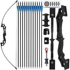 30lbs Bow and Arrow Set for Adults & Youth - Ambidextrous Takedown Recurve Bows with 12 Carbon Arrows, Left/Right Handed Archery Sets (Black)