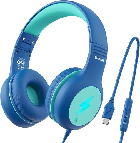 Kids USB C Headphones for School, 2025 Upgrade Safe Listening Wired Over-Ear Headphones with LED Lights, Volume Limiter & Microphone, Foldable Design for iPhone 16, iPad, Tablet Learning in Kuwait