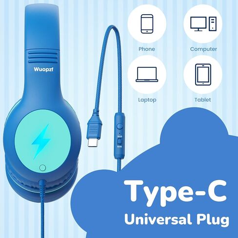 Kids USB C Headphones for School, 2025 Upgrade Safe Listening Wired Over-Ear Headphones with LED Lights, Volume Limiter & Microphone, Foldable Design for iPhone 16, iPad, Tablet Learning in Kuwait