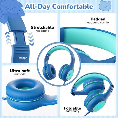 Kids USB C Headphones for School, 2025 Upgrade Safe Listening Wired Over-Ear Headphones with LED Lights, Volume Limiter & Microphone, Foldable Design for iPhone 16, iPad, Tablet Learning in Kuwait