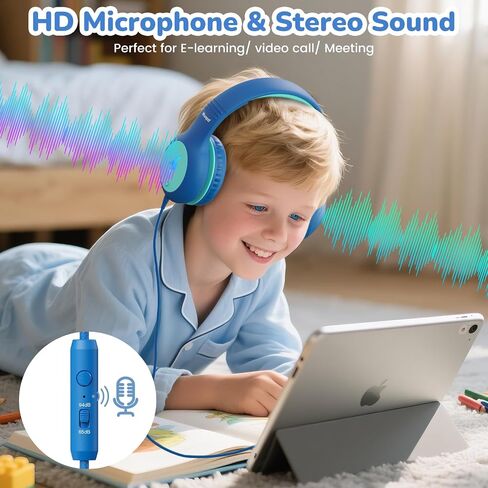 Kids USB C Headphones for School, 2025 Upgrade Safe Listening Wired Over-Ear Headphones with LED Lights, Volume Limiter & Microphone, Foldable Design for iPhone 16, iPad, Tablet Learning in Kuwait