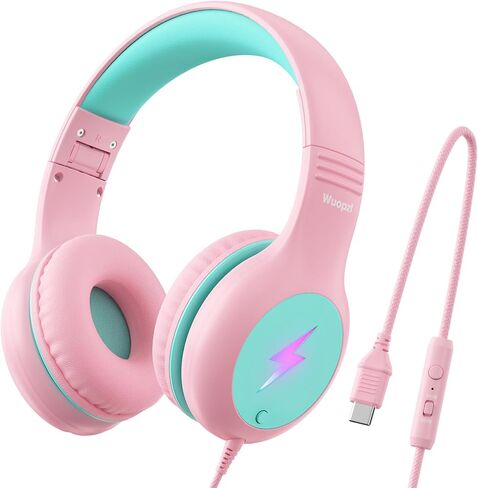 Kids USB C Headphones for School, 2025 Upgrade Safe Listening Wired Over-Ear Headphones with LED Lights, Volume Limiter & Microphone, Foldable Design for iPhone 16, iPad, Tablet Learning in Kuwait