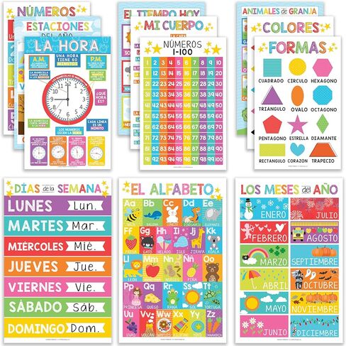 Hadley Designs 12 Spanish Educational Posters, Bilingual Learning Chart for Prek, Kindergarten & 1st Grade Kids, Classroom Decorations, Alphabet, Colors, Numbers, Months of the Year, Days of the Week in Saudi Arabia