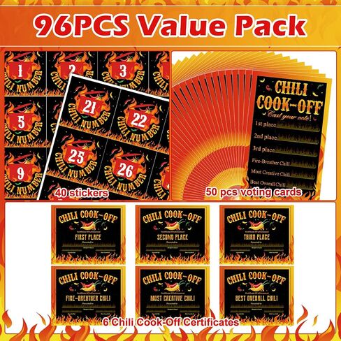 96 Pcs Chili Cook Off Contest Decorations Include 6 Pcs Chili Certificate of Award 50 Pcs Chili Cook Off Voting Cards 40 Pcs Self Adhesive Number Stickers for Chili Cook Party Supplies in Saudi Arabia