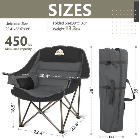 Oversized XL Padded Camping Chair Wide Heavy Duty Lawn Chairs Support 450 LBS Portable Folding Gaint Camp Chair with Side Pocket Cup Holder for Outdoor Outside Sports Baseball-Black&Grey in Saudi Arabia