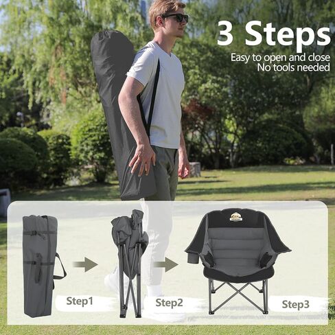 Oversized XL Padded Camping Chair Wide Heavy Duty Lawn Chairs Support 450 LBS Portable Folding Gaint Camp Chair with Side Pocket Cup Holder for Outdoor Outside Sports Baseball-Black&Grey in Saudi Arabia