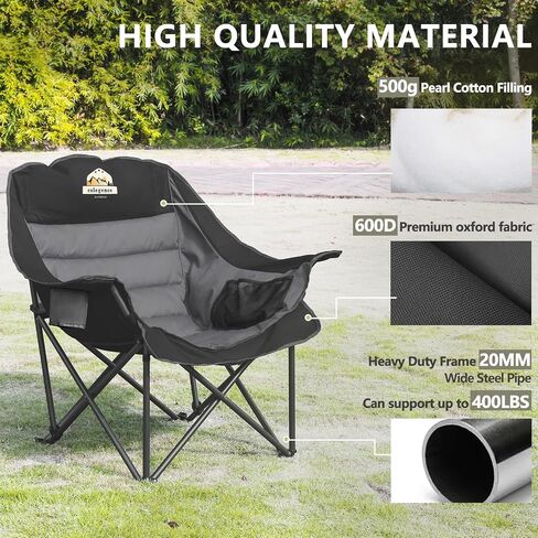 Oversized XL Padded Camping Chair Wide Heavy Duty Lawn Chairs Support 450 LBS Portable Folding Gaint Camp Chair with Side Pocket Cup Holder for Outdoor Outside Sports Baseball-Black&Grey in Saudi Arabia