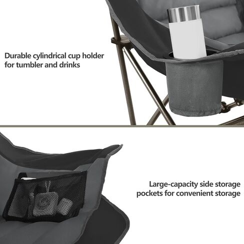 Oversized XL Padded Camping Chair Wide Heavy Duty Lawn Chairs Support 450 LBS Portable Folding Gaint Camp Chair with Side Pocket Cup Holder for Outdoor Outside Sports Baseball-Black&Grey in Saudi Arabia