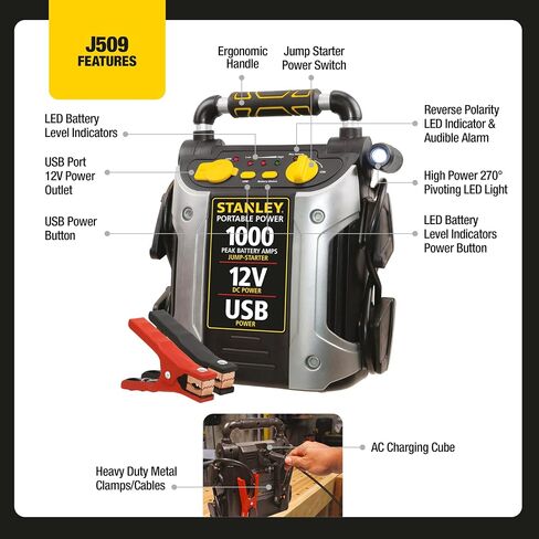 STANLEY J509 Portable Power Station Jump Starter 1000 Peak Amp Battery Booster, USB Port, Battery Clamps in Saudi Arabia