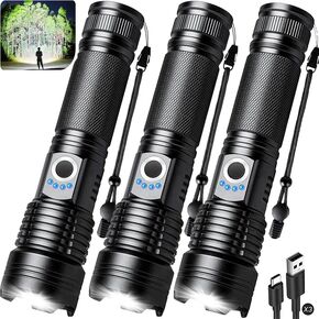 990،000 Lumens عالية المصابيح الكهربائية القابلة لإعادة الشحن - 3 حزمة مصباح فلاش LED مشرق للمنزل ، 5 أوضاع مصباح يدوي محمولة للاختبار في حالات الطوارئ