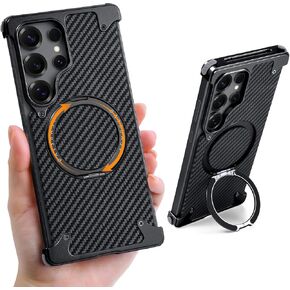 S25 Ultra Case Carbon Fiber with Kickstand, Slim Frameless for Samsung Galaxy S25 Ultra Case for Magsafe, Magnetic Protective Phone Cover for Samsung S25 Ultra for Men Women 6.86 Inch, Sliver