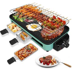 Electric Indoor Grill,1500W 2 in 1 Smokeless Raclette Table Grill for Kitchen,Barbecue Korean BBQ Grill with Grill Net,Non-Stick Cooking Removable Plate,5 Temperature Control & Dishwasher Safe
