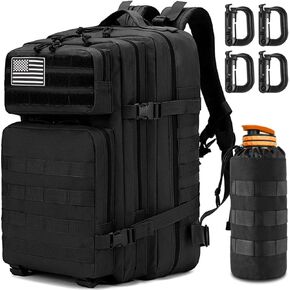 MUCHER 45L Military Tactical Backpack For Men with Bottle Holder and 4 Carabiners Molle Backpack EDC Large 3Day Army Rucksack (Black)