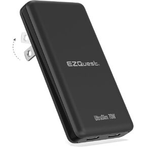 EZQuest UltraSlim 70W GaN II Dual USB-C PD Wall Charger - Compact Foldable US Wall Plug with Universal Compatibility - Intelligent Power Allocation - Fast Charging- Over-Voltage Protection - Black