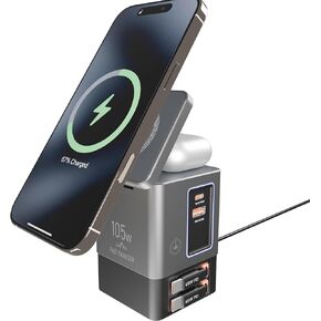 Qi2 6-Output 105W Dual Wireless Charging+Dual Built-in Retractable Cable GaN Combo Charging Tower (Black)