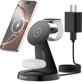 Wireless Charger, 3 in 1 Charging Station 15W Fast Charging Stand Magnetic Wireless Charger for iPhone16/15/14/13/12 Series, Watch Series, Earphone,Non-Slip Base