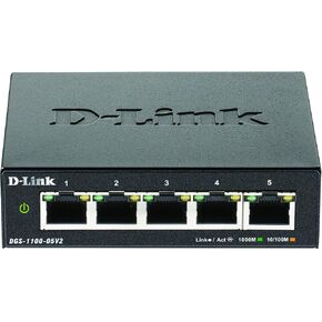 D-Link DGS-1100-05V2 Managed Smart Switch, 5 Gigabit Ports, VLAN Support, Layer 2 Functionality, QoS, 802.3az EEE, Fanless