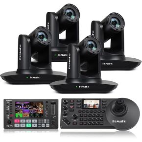 FoMaKo AI Auto Tracking HDMI PTZ Camera, 20x Optical Zoom(4pcs), M3 Video Mixer Switcher+KC608 Pro PTZ Controller for Church Services Worship Education(FMK12UH Pro(20x)-B X4+M3+KC608 Pro)
