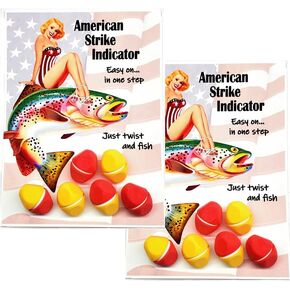 American Strike Indicator - Fly Fishing Float. All One Piece - Zero Parts to Drop and Lose. Insert line, Twist and Fish. Aerodynamic for smooth casts. Finger-Grips. Red and Yellow Color - Twin 6 packs
