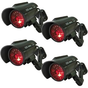 Solar Powered Dummy Fake Security Camera Bullet CCTV Surveillance with Simulated LED Realistic Red Flashing Light and Security Warning Sticker Decal Indoor Outdoor, 4 Pack