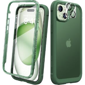 Diaclara Designed for iPhone 15 Plus Case 6.7 Inch, Full Body Rugged Case with Built-in Touch Sensitive Anti-Scratch Screen Protector + Glass Camera Lens Protector for iPhone 15 Plus,Frosted Green