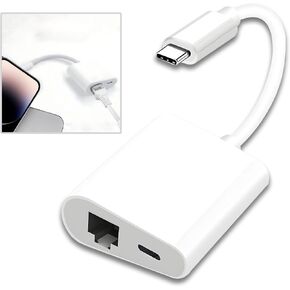 USB C إلى محول Ethernet مع منفذ شحن النوع C PD ، 2 في 1 RJ45 محول الشبكة يدعم شبكة Ethernet 10/100 ميجابت في الثانية ، متوافقة مع أجهزة iPhone 15/16/Android/المحمول وأجهزة USB C (أبيض)