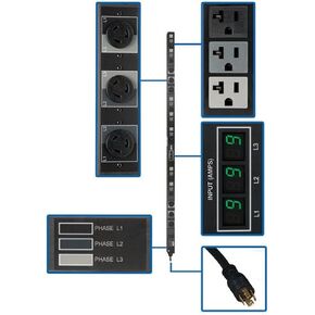 Tripp Lite 5700W 3-Phase Metered PDU, 27 Outlets (21 5-15/20R, 6 L6-20R), 208/120V, 16A, 6 Feet / 1.83 Meter L21-20P Power Input Cord, 0U Vertical Rack Mount, 2-Year Warranty (PDU3MV6L2120B)