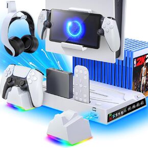PS5/PS5 Slim Stand and Cooling Station Compatible with PS5 Console, PS5 Replacement Parts with Detachable and Controller Charging Station and 3 Levels Cooling Fan for PSP Gaming Console