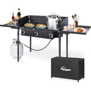 2 Burner Propane Camp Stove | 150,000 BTU Gas Burners | Side Shelves | Windscreen | Waterproof Cover | Detachable Legs | Ideal for Camping Backyard Outdoor Cooking