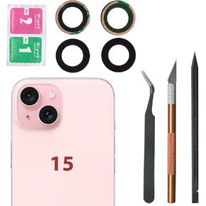 استبدال زجاج العدسة الخلفية الخلفية لـ iPhone 15 و 15 بالإضافة إلى استبدال زجاج الكاميرا مع مجموعة أدوات ملصقات ومثبتة مسبقًا