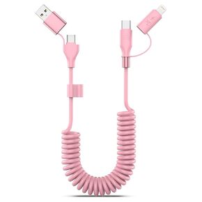 Coiled USB-C and Lightning Cable 2-in-1, 3FT iPhone 15 16 Car Charger Cord, 60W Fast Charging Cable for iPhone 16, Samsung Galaxy Supports Apple CarPlay & Android Auto (Pink)