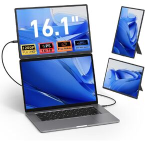 Laptop Screen Extender Monitor Portable - 16.1'' FHD 1200P Portable Screen for Laptop, 360° Rotating, Plug & Play, Detachable Stand, Height Adjustable Laptop Monitor Extender for Mac/Win/Phone/Tablet