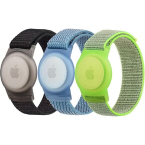 3 Pack Nylon AirTag Bracelet for Kids, Soft Nylon AirTag Wristband for Apple Air Tag, Adjustable Anti Lost Wristband for Toddler Baby, Boys, and Girls, Elders (Black/Blue/Green)
