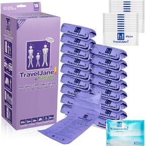 TravelJane Resealable Disposable Urinal for All Genders, Adults, and Children (18 Pack) Designed for Emergencies, Travel, Camping, Long Car Rides and More - 28oz/800ml Capacity (TJ1T-C)