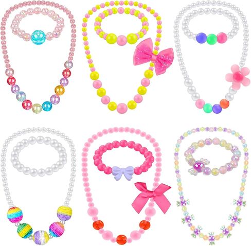 6 Sets Play Jewelry for Little Girls Princess Necklace Bracelet Set Includes Kid Beaded Necklace Bracelet with 8 Rings for Toddler Christmas Birthday Party Favors Cosplay(Mermaid, Rainbow Style) in Saudi Arabia