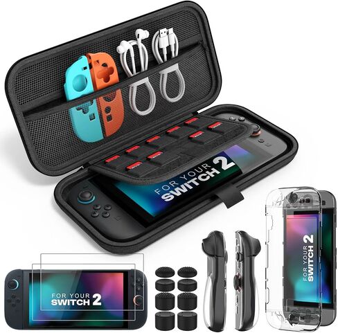 MoKo Switch 2 Accessories Bundle Kit for Nintendo Switch 2 (2025), 14 in 1 Gift Kit with Carrying Case, Protective Cover, Clear TPU Joycon Case, 2x Screen Protectors and 8x Thumb Grip Caps, Black in Saudi Arabia