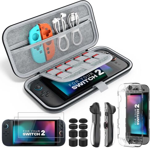MoKo Switch 2 Accessories Bundle Kit for Nintendo Switch 2 (2025), 14 in 1 Gift Kit with Carrying Case, Protective Cover, Clear TPU Joycon Case, 2x Screen Protectors and 8x Thumb Grip Caps, Black in Saudi Arabia